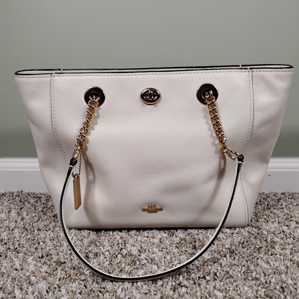 Authentic Coach 57107 Turnlock Chain‎ Tote Chalk Pebbled Leather Shoulder Bag